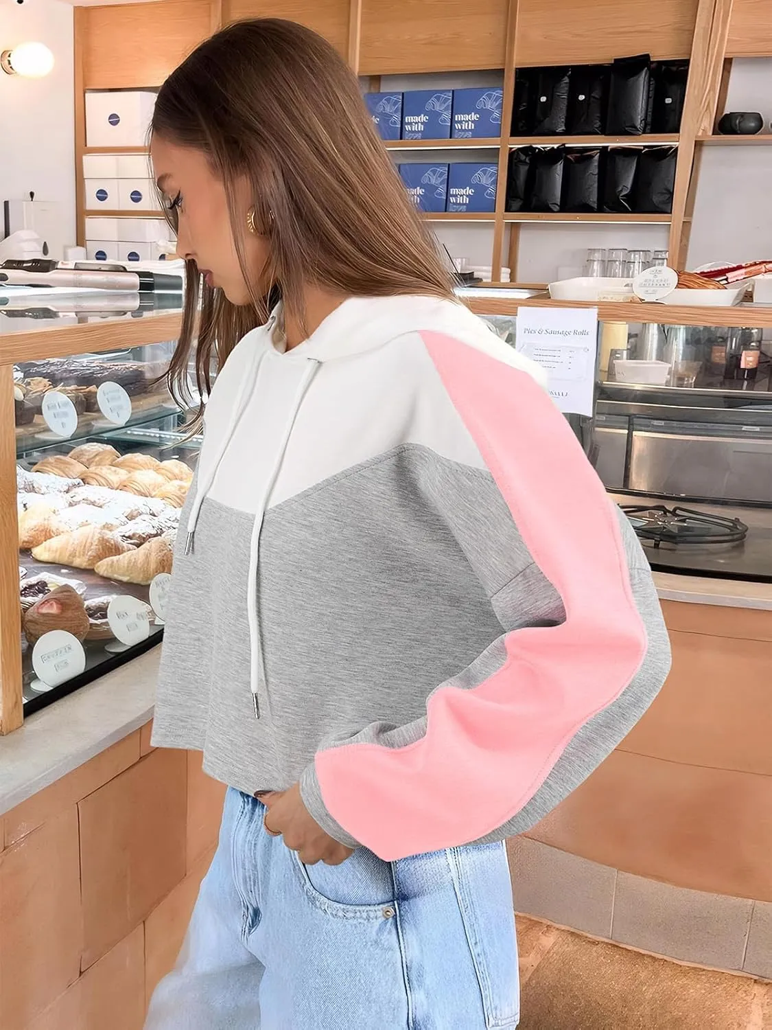FAIRY SEASON Women Cropped Hoodies Long Sleeve Oversized Hooded Sweatshirt Color Block Crop Top Shirt Y2K Workout Pullover