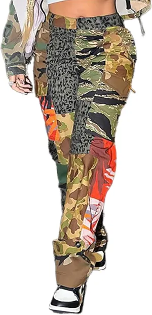 Famnbro Camo Pants Women Mid Waist Straight Leg Baggy Camouflage Cargo Pants Streetwear Trousers