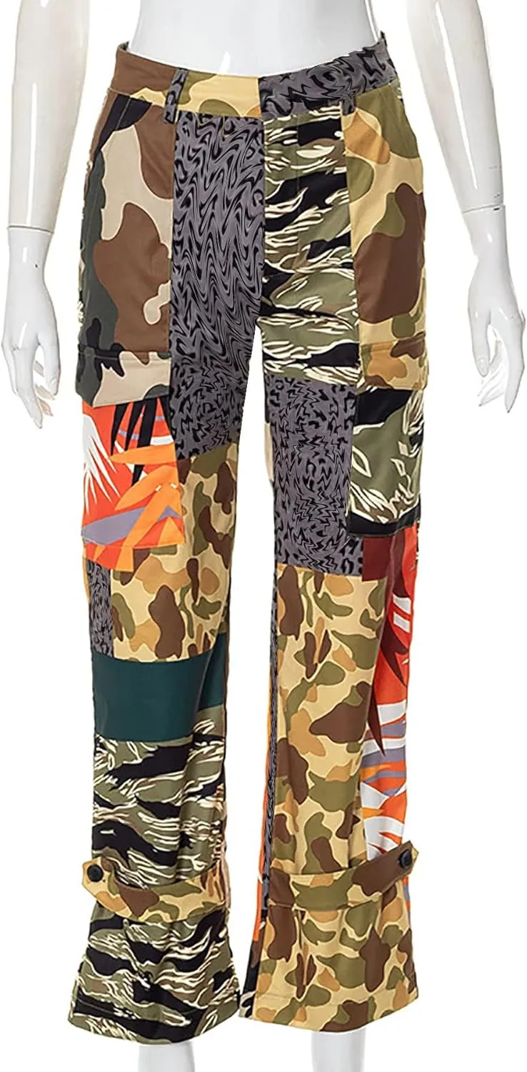 Famnbro Camo Pants Women Mid Waist Straight Leg Baggy Camouflage Cargo Pants Streetwear Trousers