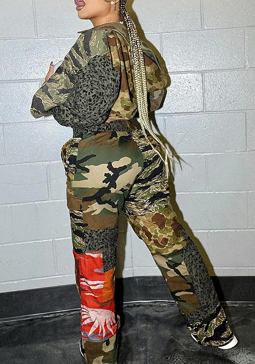 Famnbro Camo Pants Women Mid Waist Straight Leg Baggy Camouflage Cargo Pants Streetwear Trousers