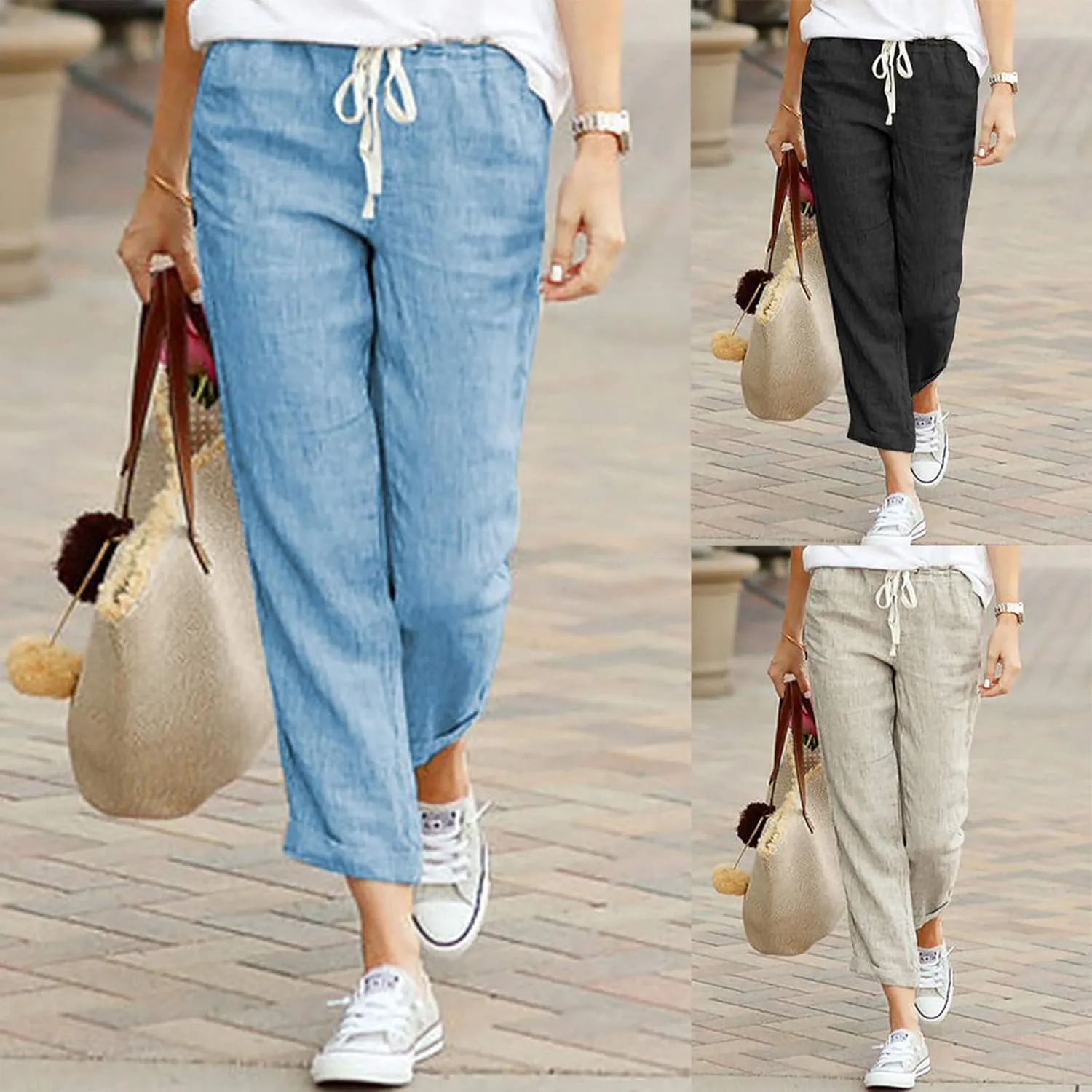 fartey Women Straight Leg Linen Pants Casual Loose High Waist Palazzo Pants Drawstring Wide Leg Summer Trousers with Pockets