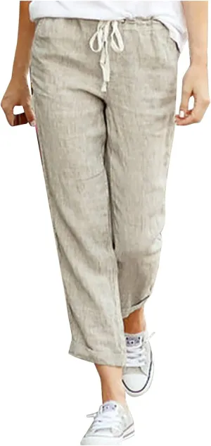 fartey Women Straight Leg Linen Pants Casual Loose High Waist Palazzo Pants Drawstring Wide Leg Summer Trousers with Pockets