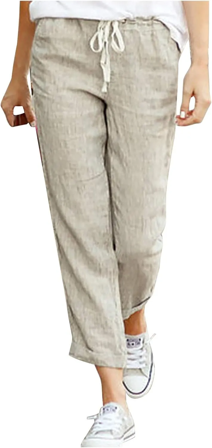 fartey Women Straight Leg Linen Pants Casual Loose High Waist Palazzo Pants Drawstring Wide Leg Summer Trousers with Pockets