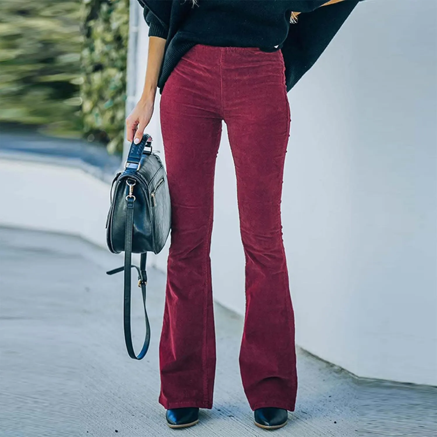 Febecool Cargo Pants Women Solid Color Slim Fit Micro Flared Pants Elastic Waist Casual Pants Corduroy