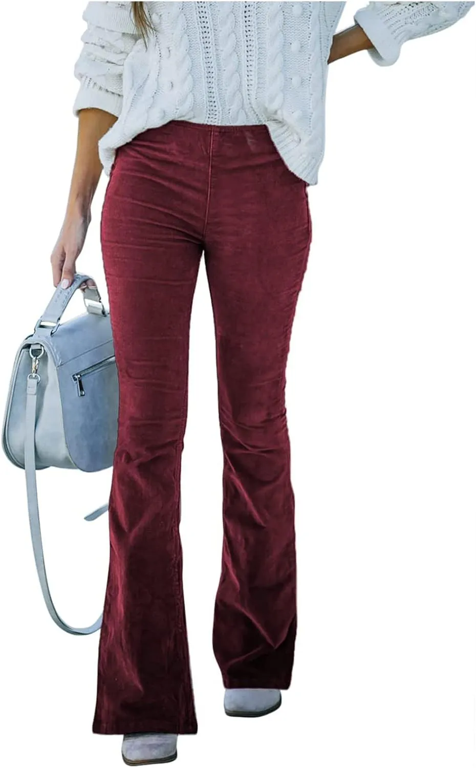Febecool Cargo Pants Women Solid Color Slim Fit Micro Flared Pants Elastic Waist Casual Pants Corduroy