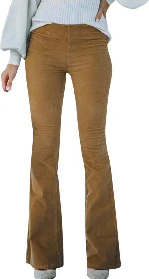 Febecool Cargo Pants Women Solid Color Slim Fit Micro Flared Pants Elastic Waist Casual Pants Corduroy