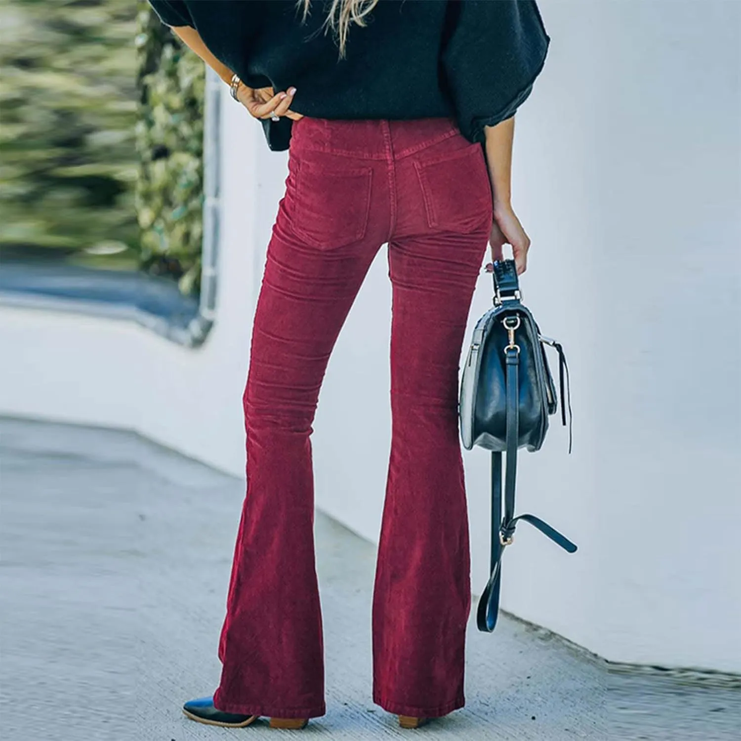 Febecool Cargo Pants Women Solid Color Slim Fit Micro Flared Pants Elastic Waist Casual Pants Corduroy