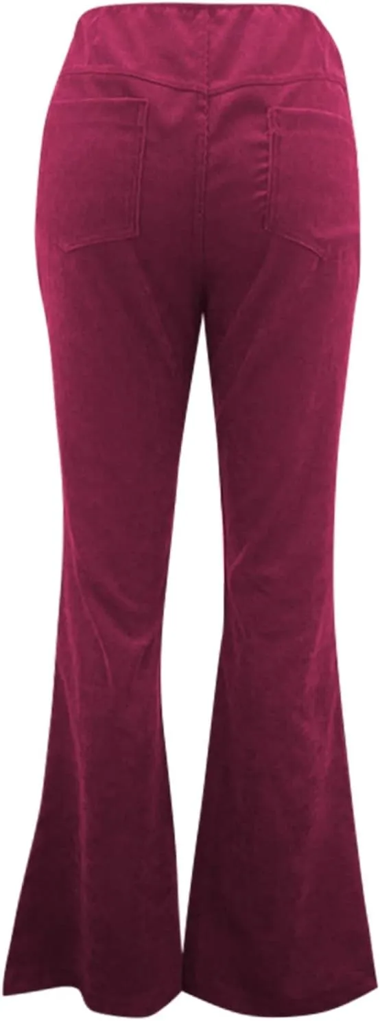 Febecool Cargo Pants Women Solid Color Slim Fit Micro Flared Pants Elastic Waist Casual Pants Corduroy