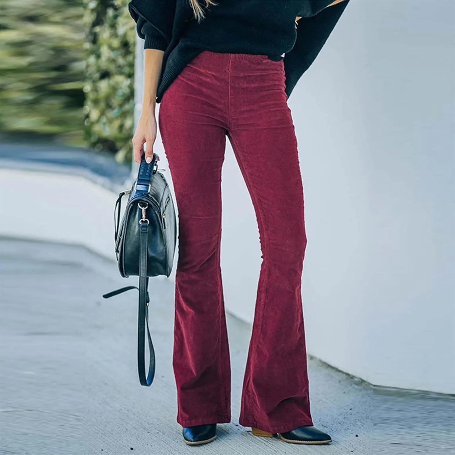 Febecool Cargo Pants Women Solid Color Slim Fit Micro Flared Pants Elastic Waist Casual Pants Corduroy