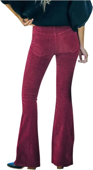 Febecool Cargo Pants Women Solid Color Slim Fit Micro Flared Pants Elastic Waist Casual Pants Corduroy
