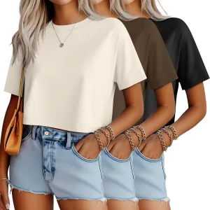 Ficerd 3 Pack Women Crop Tops Half Sleeve Cropped T Shirts Casual Crew Neck Drop Shoulder Loose Summer Solid Color