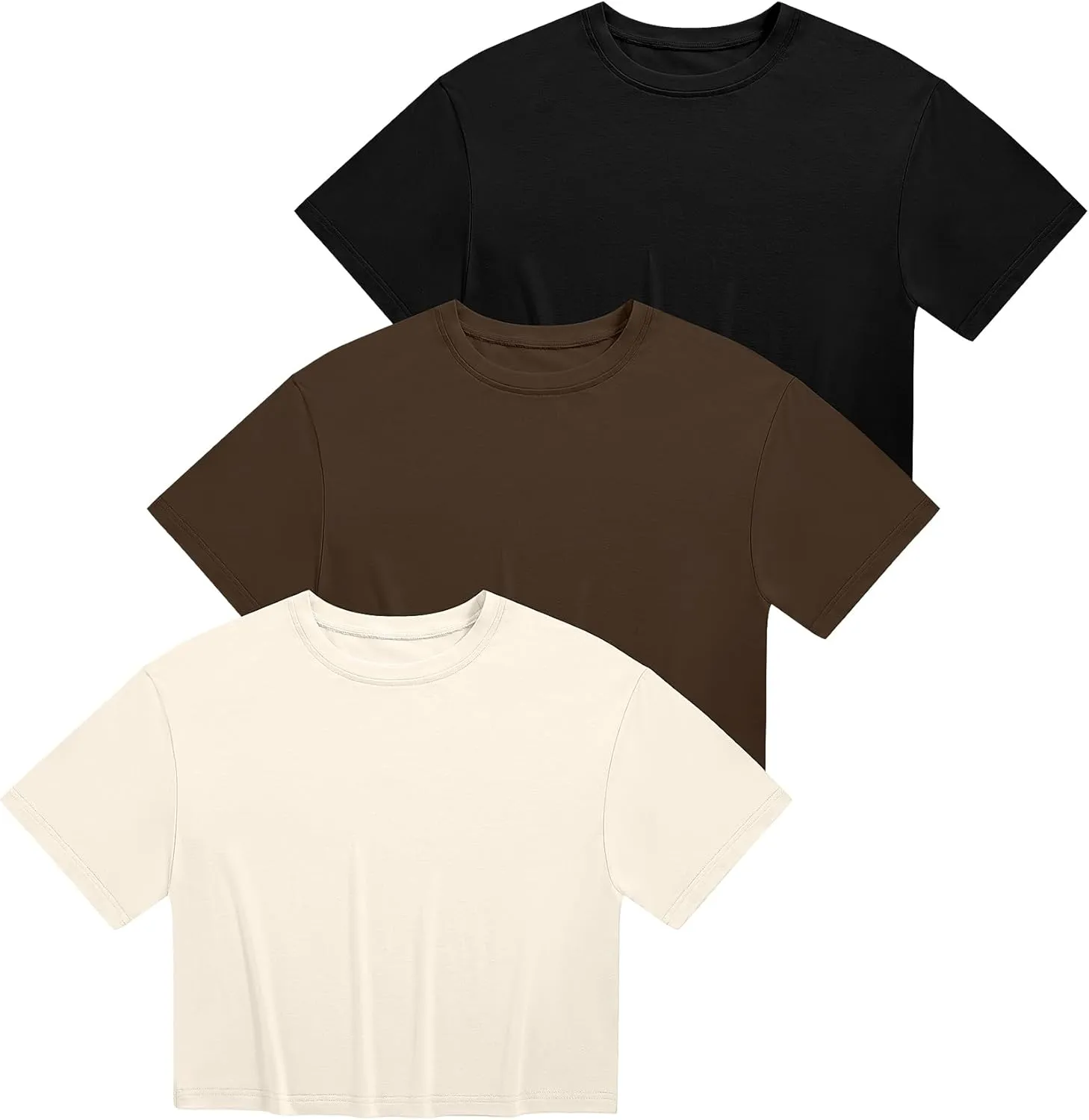 Ficerd 3 Pack Women Crop Tops Half Sleeve Cropped T Shirts Casual Crew Neck Drop Shoulder Loose Summer Solid Color