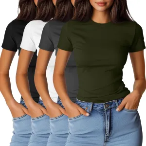 Ficerd 4 Pack Women's Short Sleeve T Shirts Cotton Crew Neck Slim Fitted Tops Basic Casual Shirts Stretchy Going Out Tees