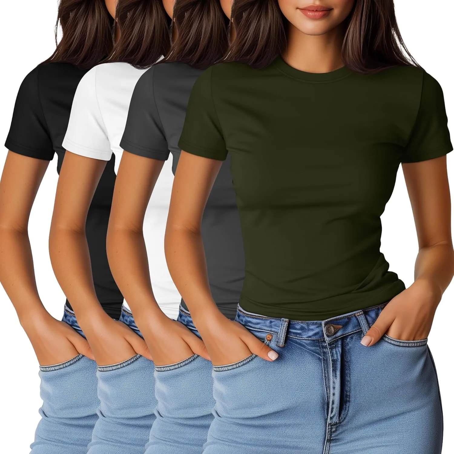 Ficerd 4 Pack Women's Short Sleeve T Shirts Cotton Crew Neck Slim Fitted Tops Basic Casual Shirts Stretchy Going Out Tees