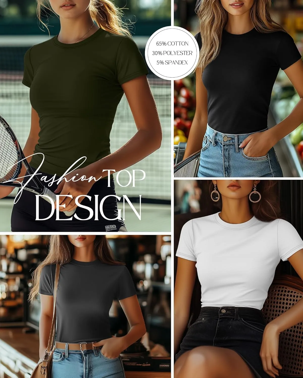 Ficerd 4 Pack Women's Short Sleeve T Shirts Cotton Crew Neck Slim Fitted Tops Basic Casual Shirts Stretchy Going Out Tees