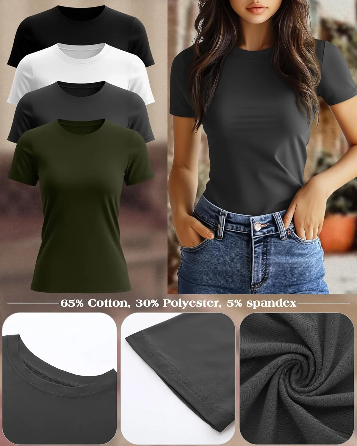 Ficerd 4 Pack Women's Short Sleeve T Shirts Cotton Crew Neck Slim Fitted Tops Basic Casual Shirts Stretchy Going Out Tees