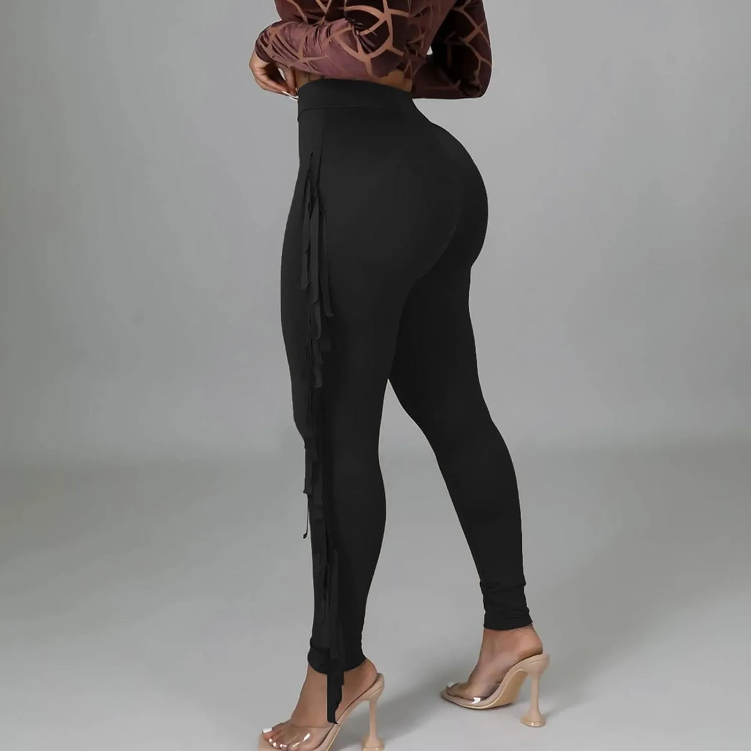 Firzero Women's Fringe Pants Casual High Waist Bodycon Side Tassel Pants Sexy Yoga Pants Long Lounge Jogger