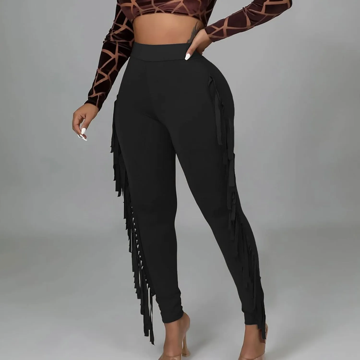 Firzero Women's Fringe Pants Casual High Waist Bodycon Side Tassel Pants Sexy Yoga Pants Long Lounge Jogger