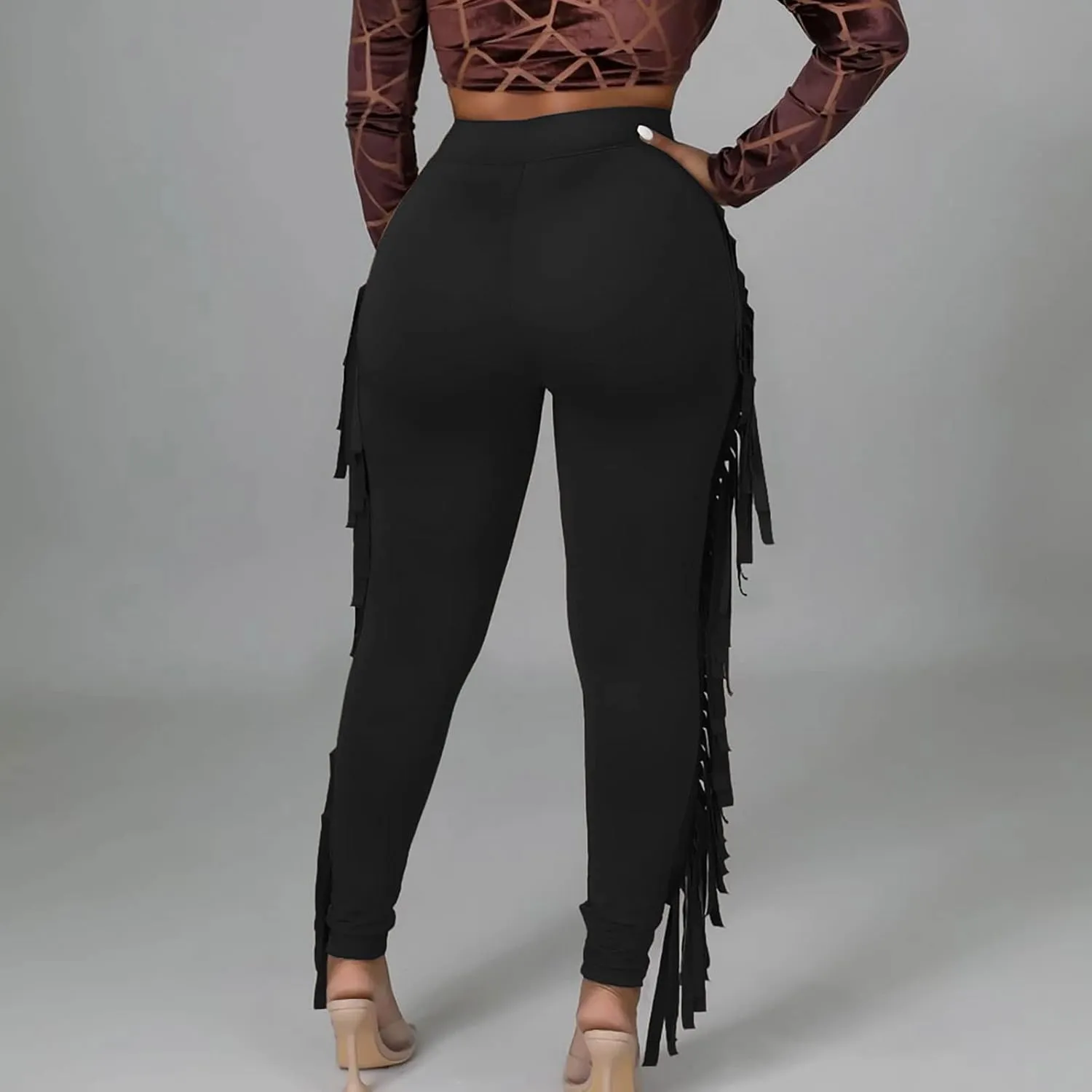 Firzero Women's Fringe Pants Casual High Waist Bodycon Side Tassel Pants Sexy Yoga Pants Long Lounge Jogger