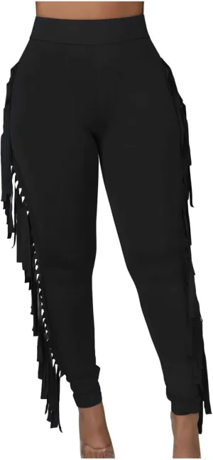 Firzero Women's Fringe Pants Casual High Waist Bodycon Side Tassel Pants Sexy Yoga Pants Long Lounge Jogger