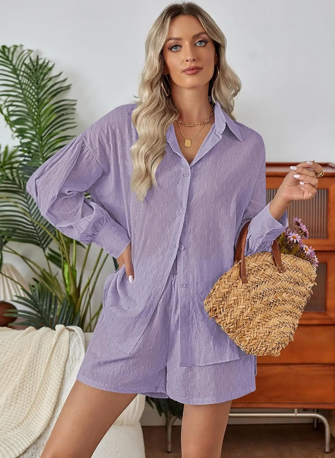 Fixmatti 2 Piece Outfits Long Sleeve Button Down Shirt and Shorts Sweatsuit Lounge Sets