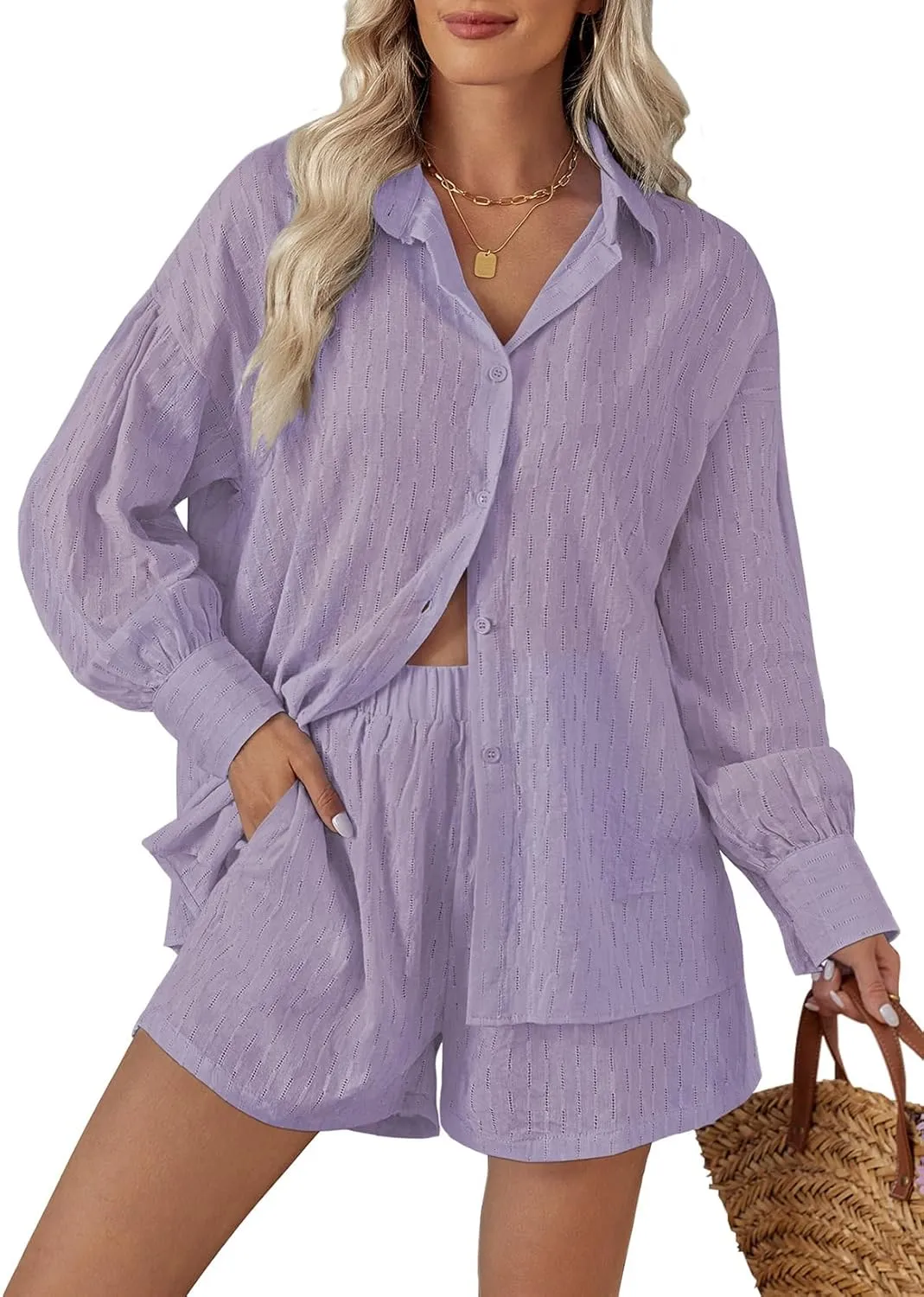 Fixmatti 2 Piece Outfits Long Sleeve Button Down Shirt and Shorts Sweatsuit Lounge Sets