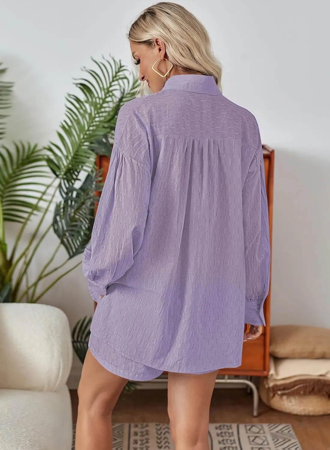 Fixmatti 2 Piece Outfits Long Sleeve Button Down Shirt and Shorts Sweatsuit Lounge Sets