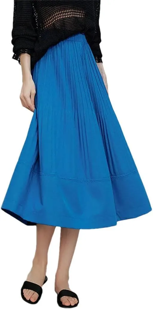 Fnfmrfmr Women High Waist Casual Midi Skirt Solid Pleated Loose Office Lady A-Line Skirts