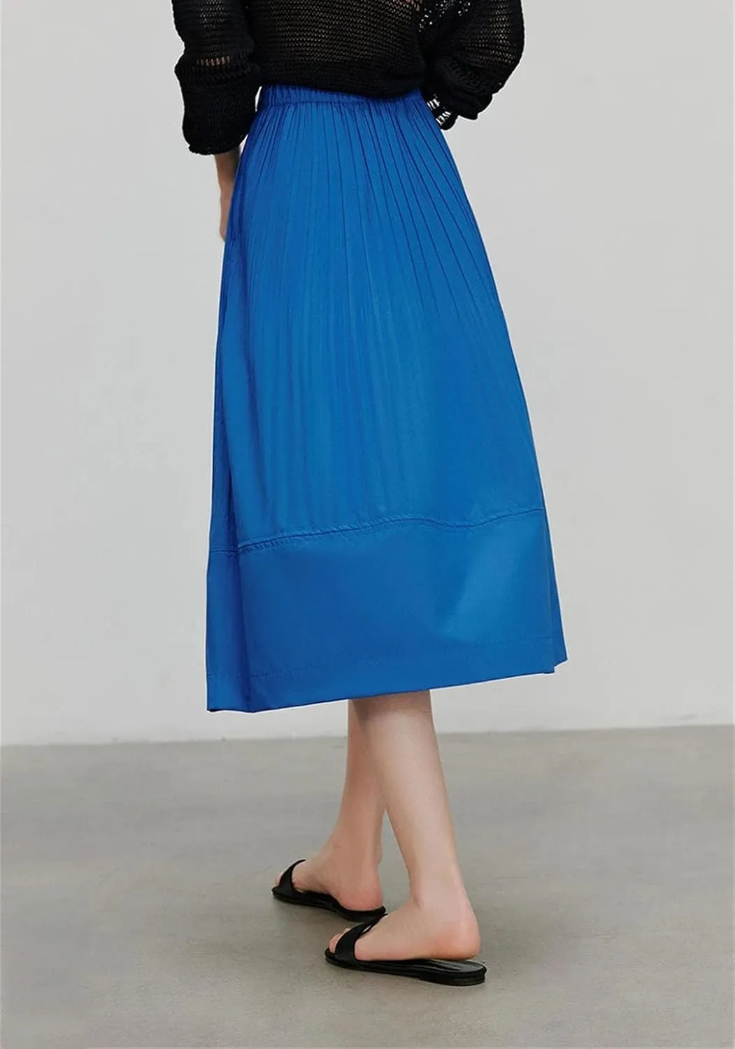 Fnfmrfmr Women High Waist Casual Midi Skirt Solid Pleated Loose Office Lady A-Line Skirts