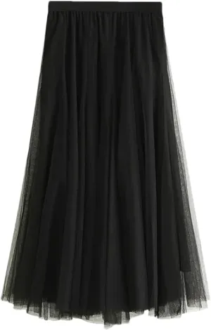 Fnfmrfmr Women Mesh Pleated Midi Skirt Solid Harajuku High Waist Casual Beach Loose Long Skirts