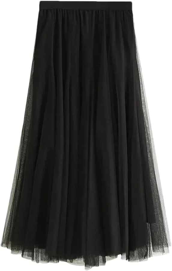Fnfmrfmr Women Mesh Pleated Midi Skirt Solid Harajuku High Waist Casual Beach Loose Long Skirts