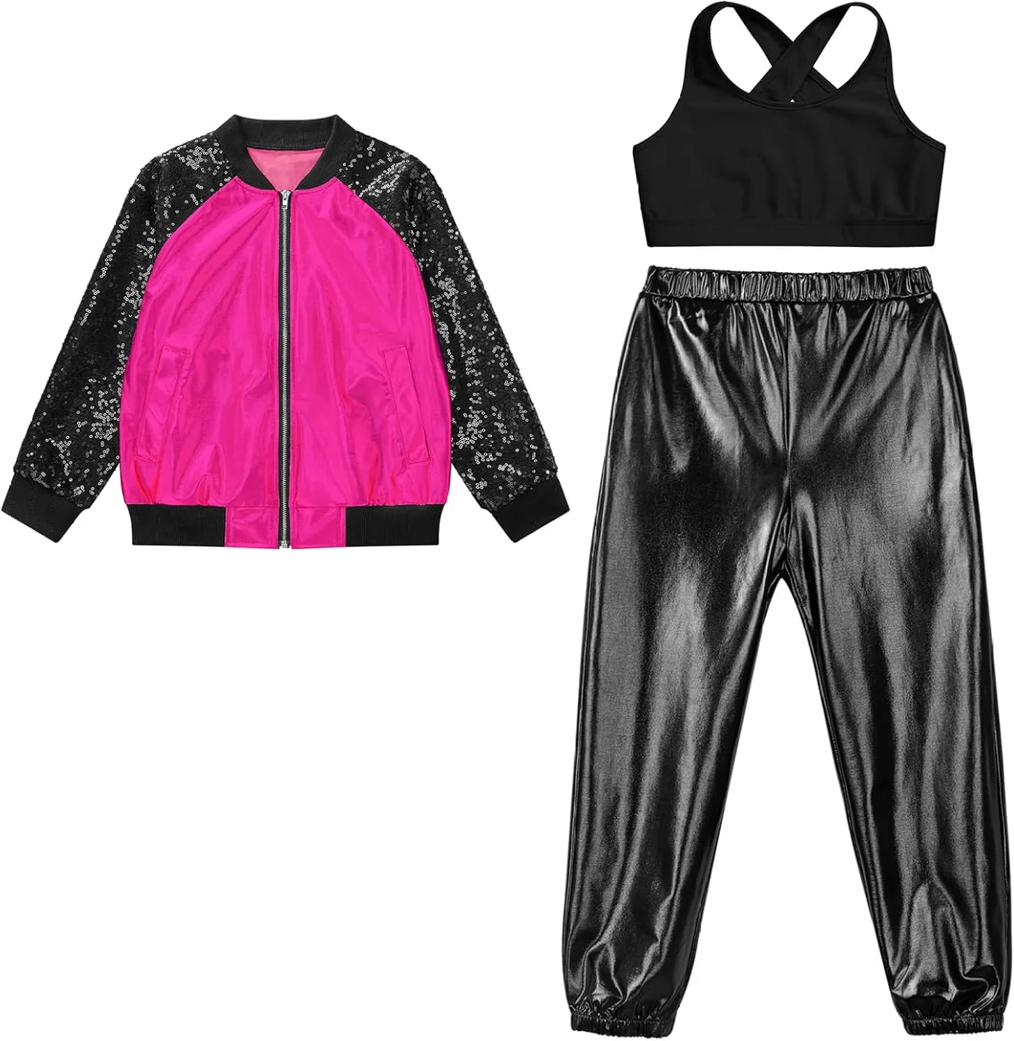 Girls Metallic Sequin Jacket with Pants and Vest Kids Hip Hop Jazz Dance 3 Piece Outfit Sparkly Tracksuit
