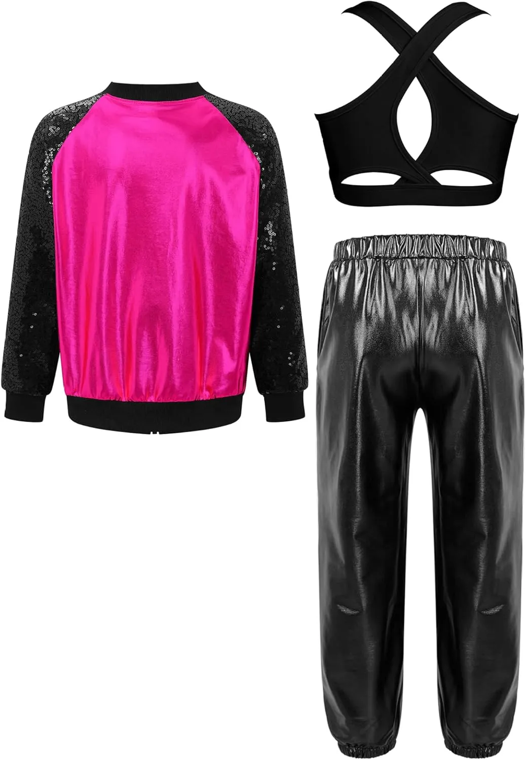 Girls Metallic Sequin Jacket with Pants and Vest Kids Hip Hop Jazz Dance 3 Piece Outfit Sparkly Tracksuit