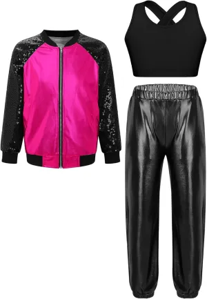 Girls Metallic Sequin Jacket with Pants and Vest Kids Hip Hop Jazz Dance 3 Piece Outfit Sparkly Tracksuit