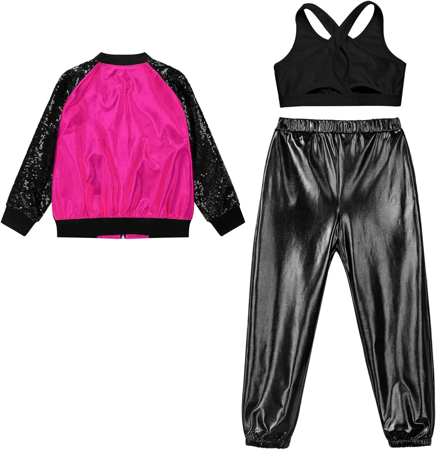 Girls Metallic Sequin Jacket with Pants and Vest Kids Hip Hop Jazz Dance 3 Piece Outfit Sparkly Tracksuit