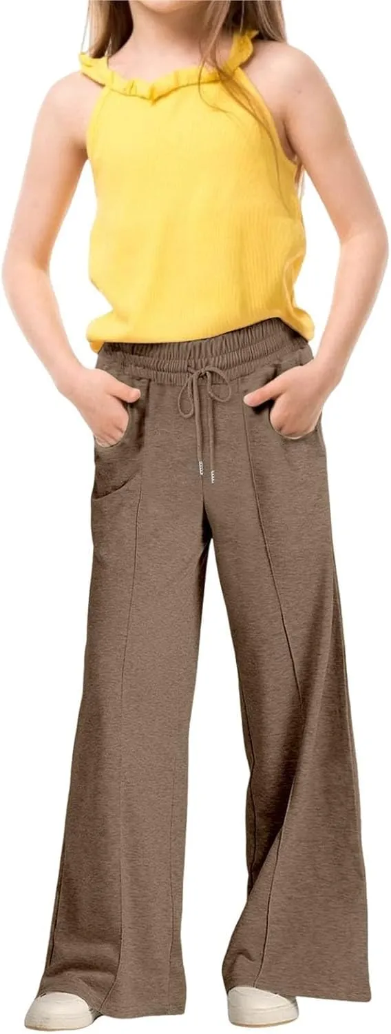 Girls' Wide Leg Sweatpants High Elastic Waist Pants rawstring Casual Straight Leg Jogger Swearpants with Pocket
