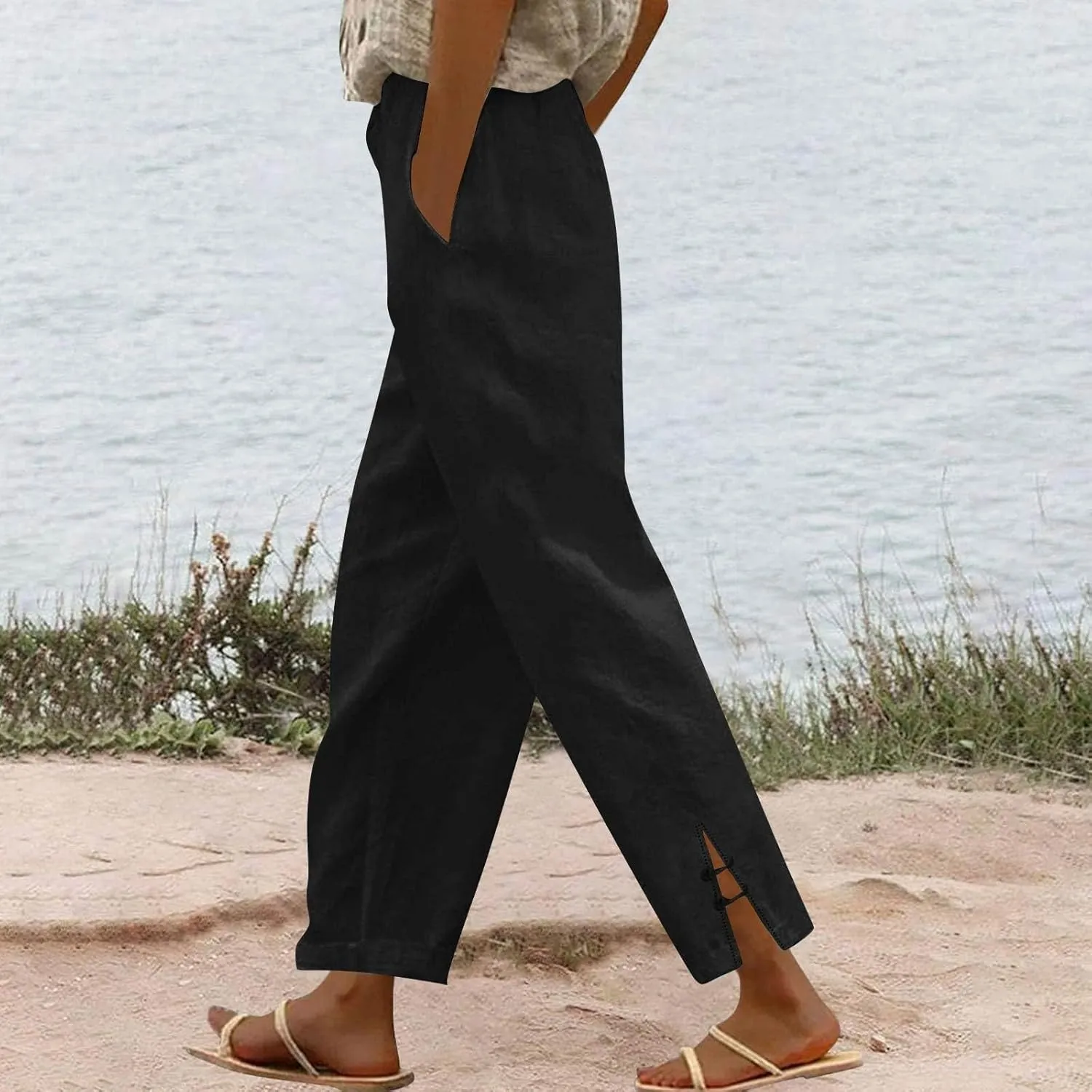 GOFULY Linen Pants for Women Summer 2025 Beach Elastic Waist Pants Wide Leg High Waisted with Pockets Loose Fit Solid Outfits