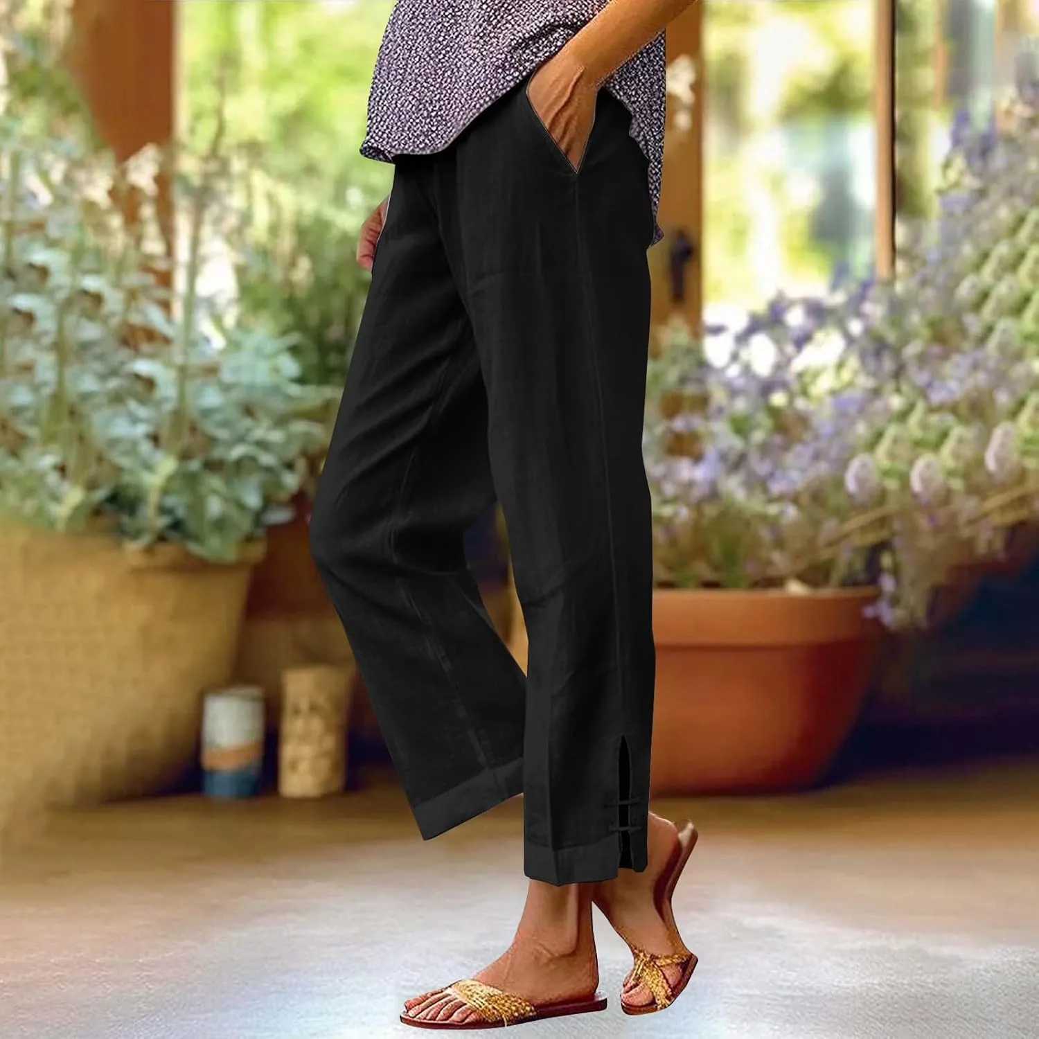 GOFULY Linen Pants for Women Summer 2025 Beach Elastic Waist Pants Wide Leg High Waisted with Pockets Loose Fit Solid Outfits