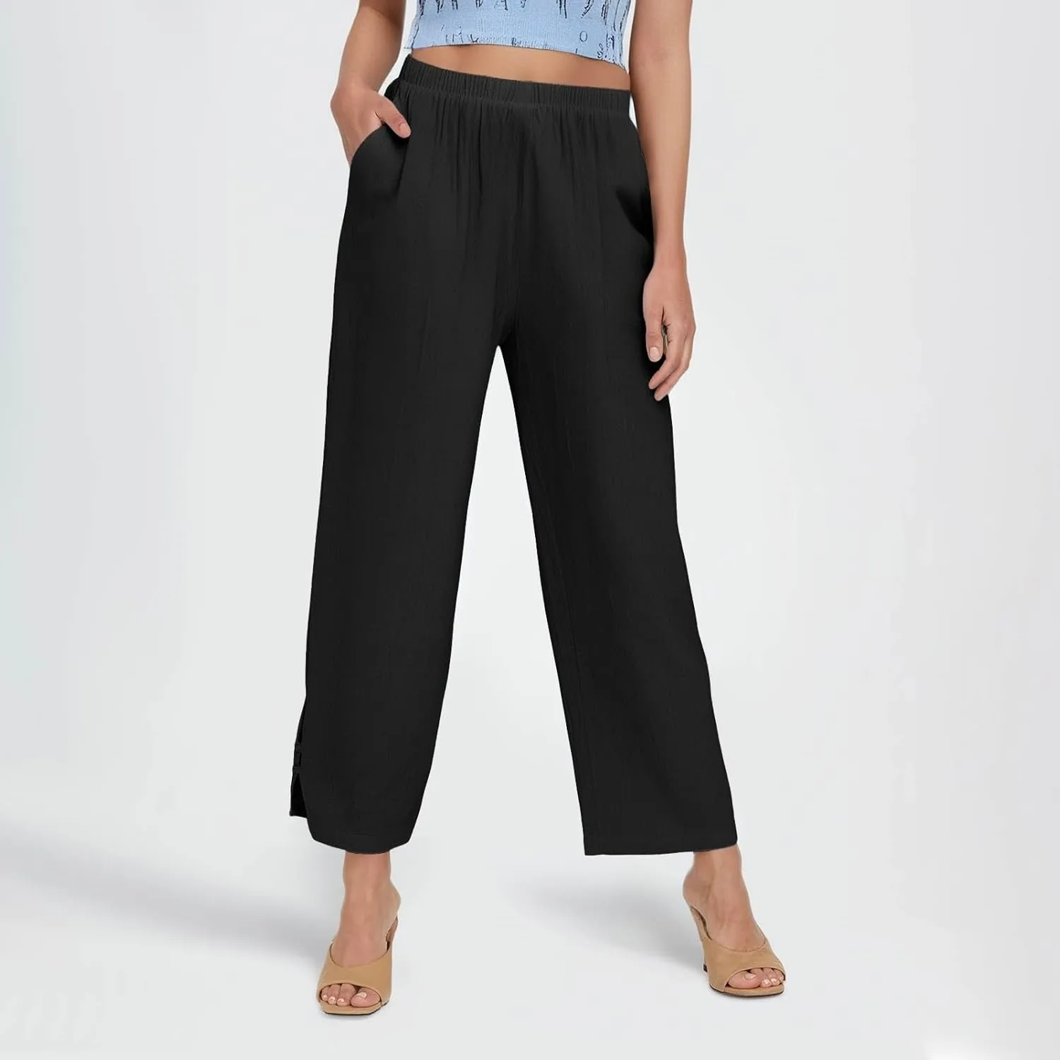 GOFULY Linen Pants for Women Summer 2025 Beach Elastic Waist Pants Wide Leg High Waisted with Pockets Loose Fit Solid Outfits