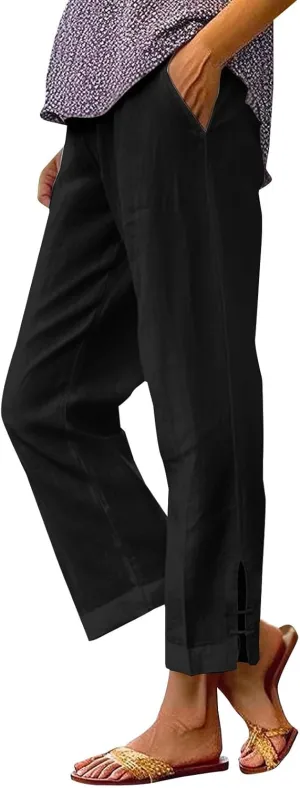 GOFULY Linen Pants for Women Summer 2025 Beach Elastic Waist Pants Wide Leg High Waisted with Pockets Loose Fit Solid Outfits