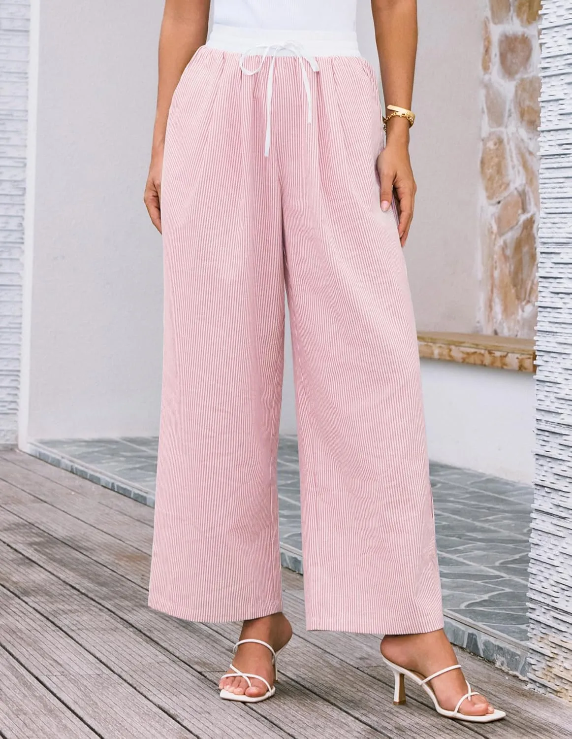 GRACE KARIN Women Cotton Palazzo Pants 2025 Summer Stripe Drawstring Loose Wide Leg Long Trousers with Pockets