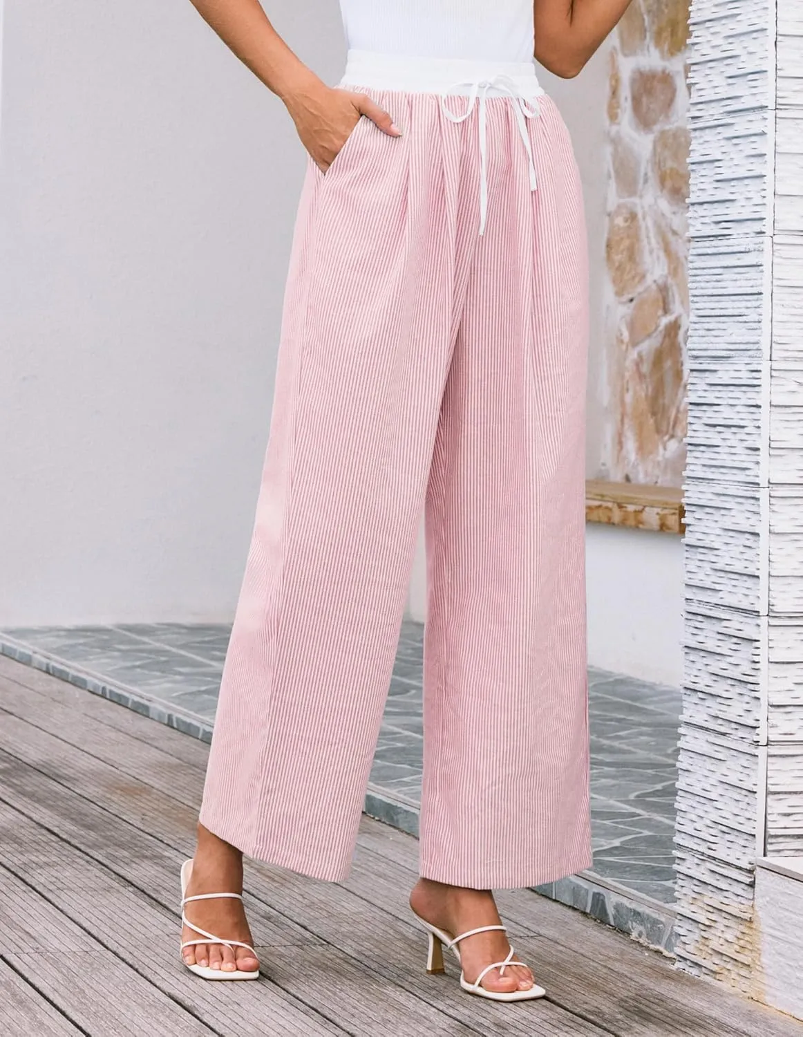 GRACE KARIN Women Cotton Palazzo Pants 2025 Summer Stripe Drawstring Loose Wide Leg Long Trousers with Pockets