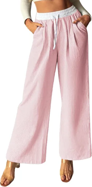 GRACE KARIN Women Cotton Palazzo Pants 2025 Summer Stripe Drawstring Loose Wide Leg Long Trousers with Pockets