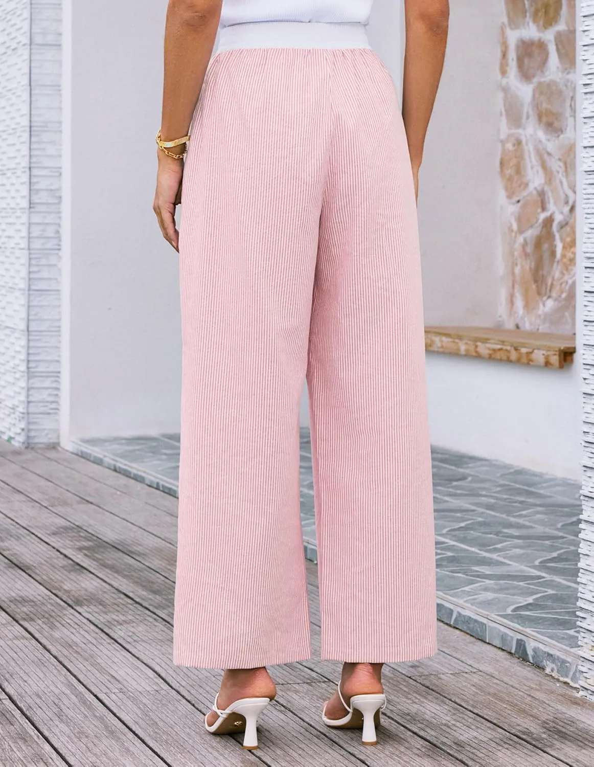 GRACE KARIN Women Cotton Palazzo Pants 2025 Summer Stripe Drawstring Loose Wide Leg Long Trousers with Pockets