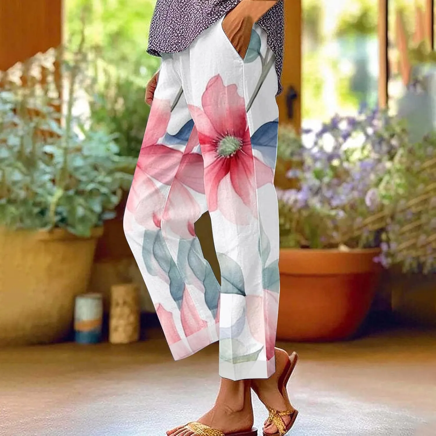 Hawaii Capri Pants for Women Casual Tropical Floral Print Pants Elastic High Waist Drawstring Summer Beach Trousers