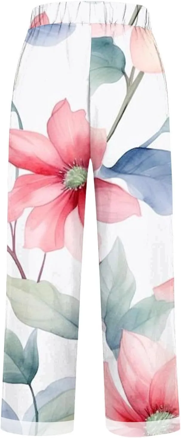 Hawaii Capri Pants for Women Casual Tropical Floral Print Pants Elastic High Waist Drawstring Summer Beach Trousers