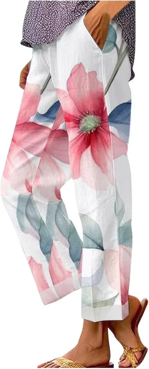 Hawaii Capri Pants for Women Casual Tropical Floral Print Pants Elastic High Waist Drawstring Summer Beach Trousers