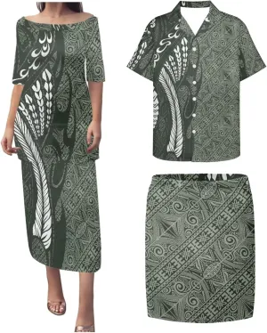 Hawaiian Dresses for Couples Polynesian Puletasi Samoan Traditional Dress with Shirt Pareo Sarong Lavalava Set