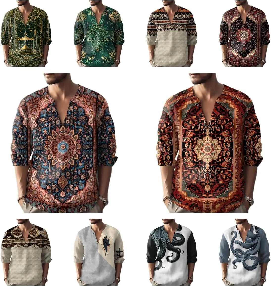 Henley Shirts for Men Ethnic Print Half Button Pullover Long Sleeve 2025 Summer Novelty Stylish Yoga Casual T-Shirt