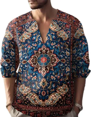 Henley Shirts for Men Ethnic Print Half Button Pullover Long Sleeve 2025 Summer Novelty Stylish Yoga Casual T-Shirt